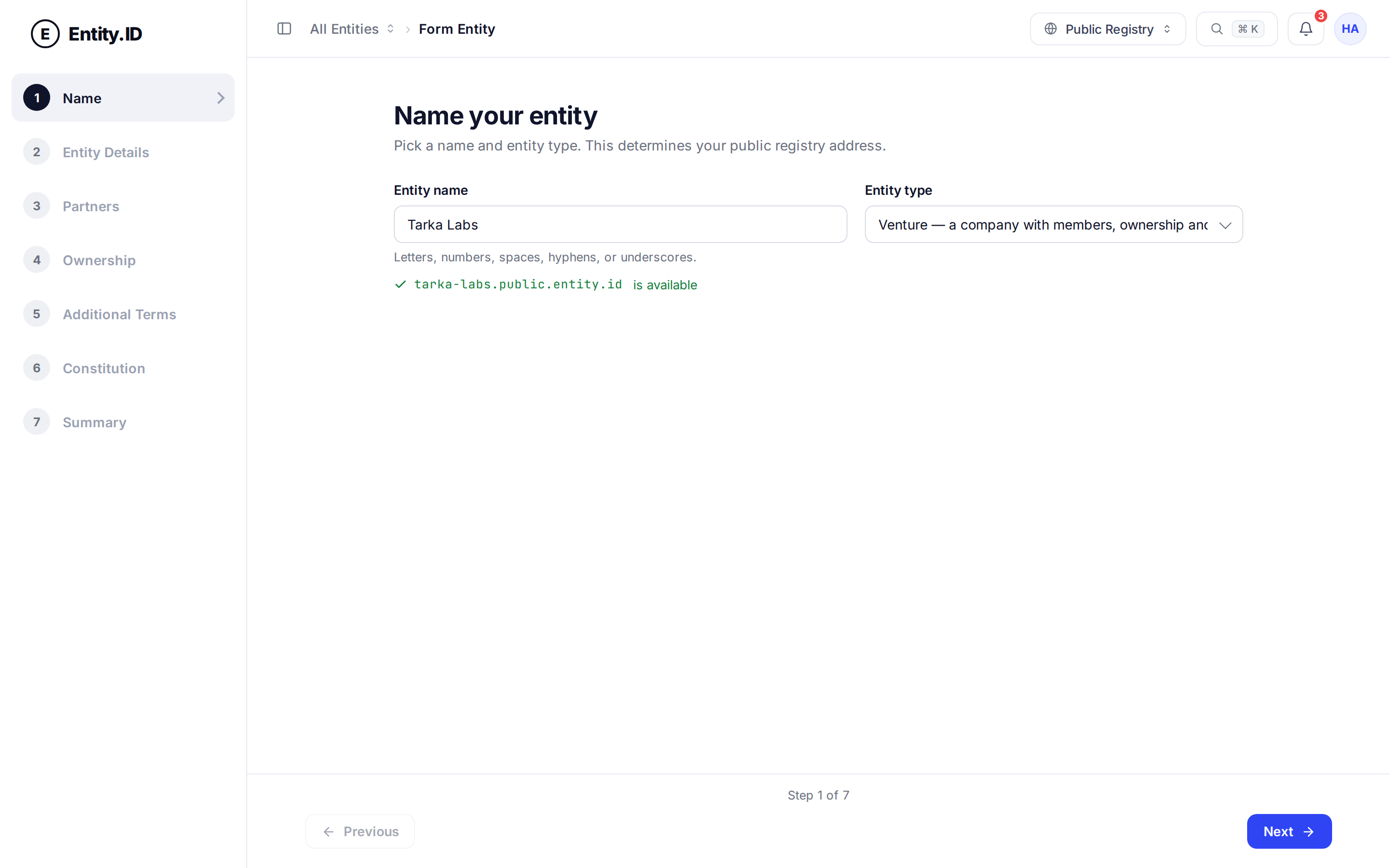Formation wizard step 1 — naming the venture