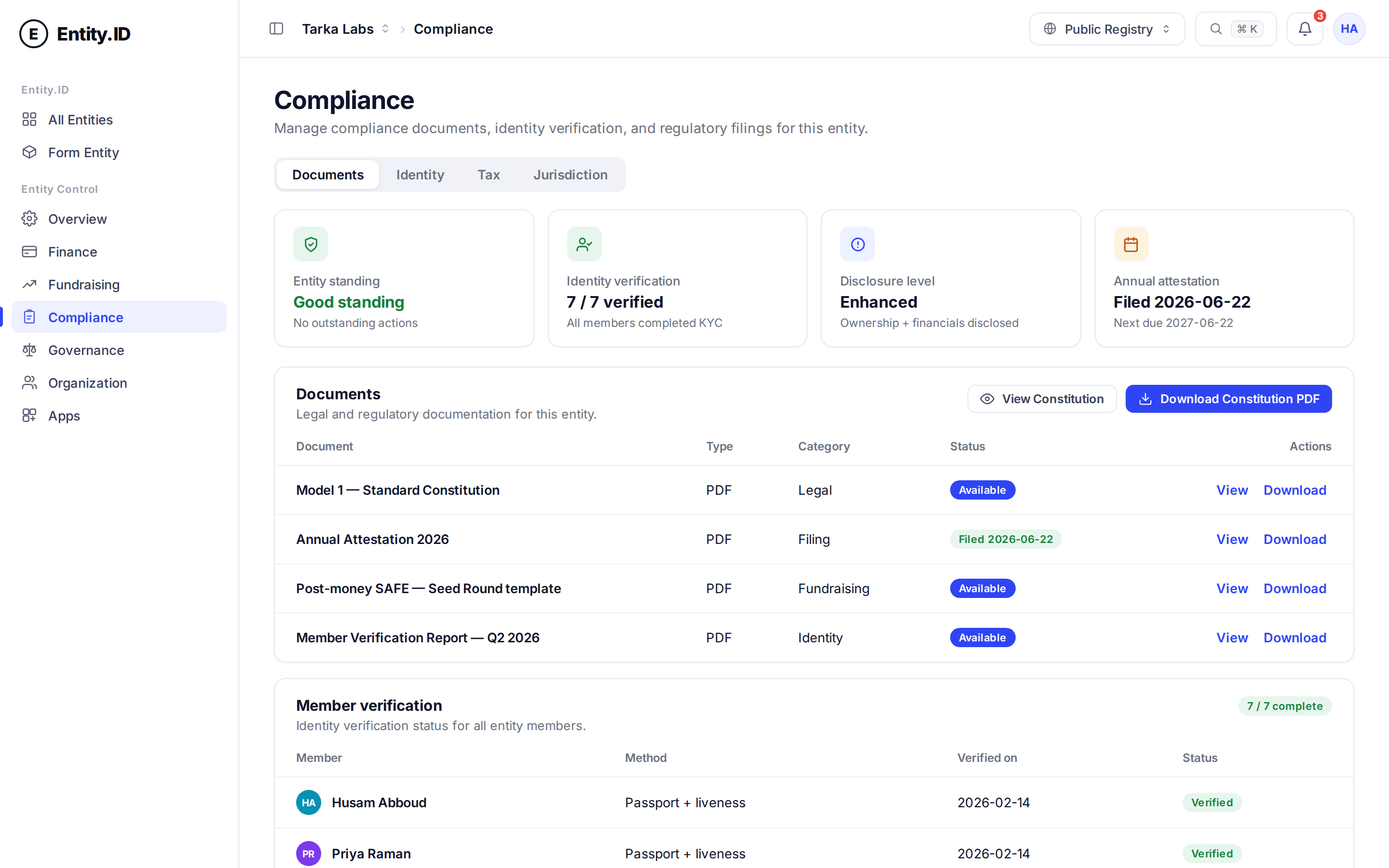 Entity.ID compliance view