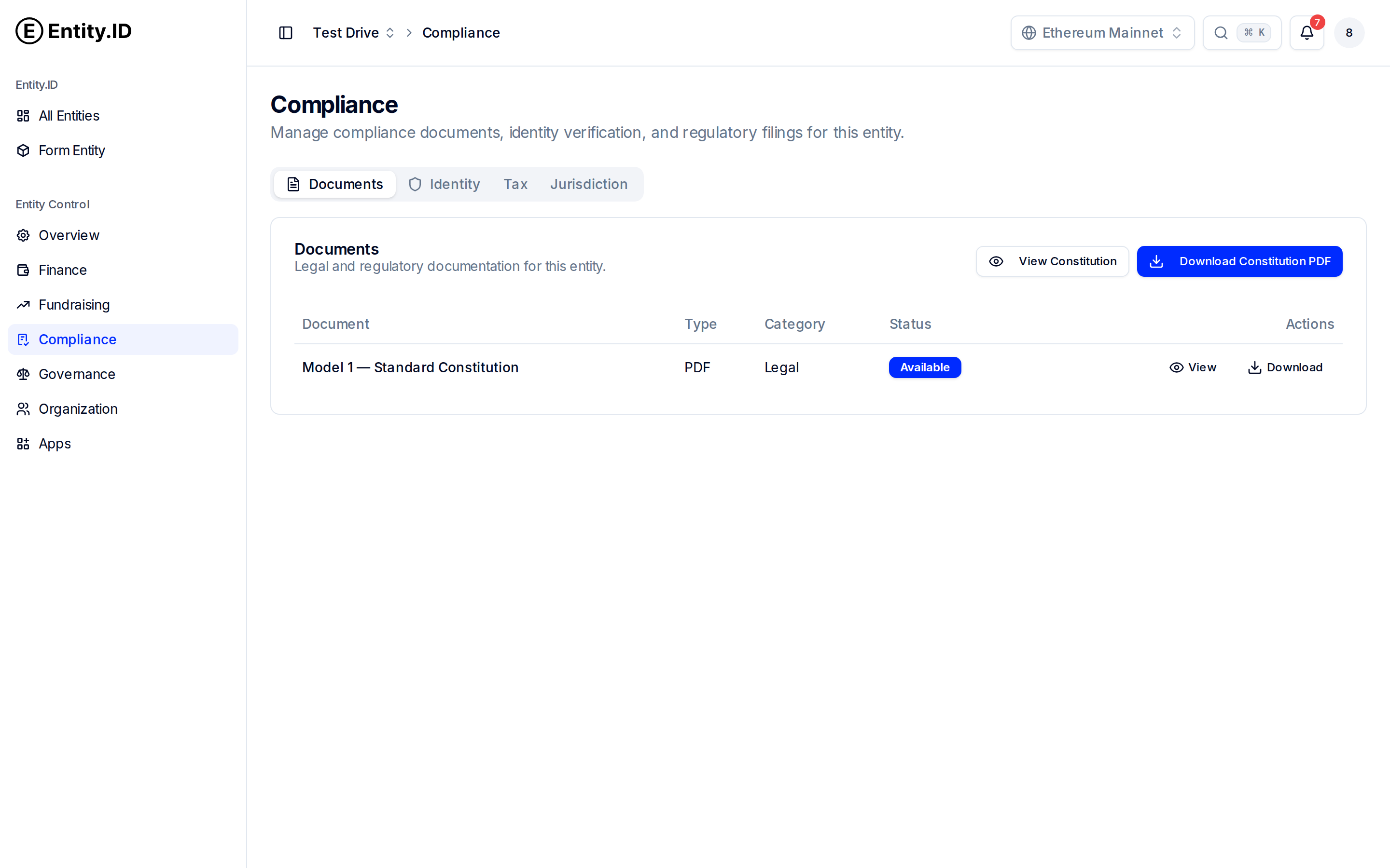 Entity.ID compliance module — constitution and regulatory documents