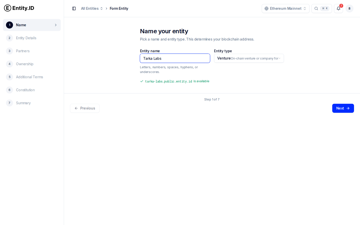 Entity.ID formation wizard — naming the venture